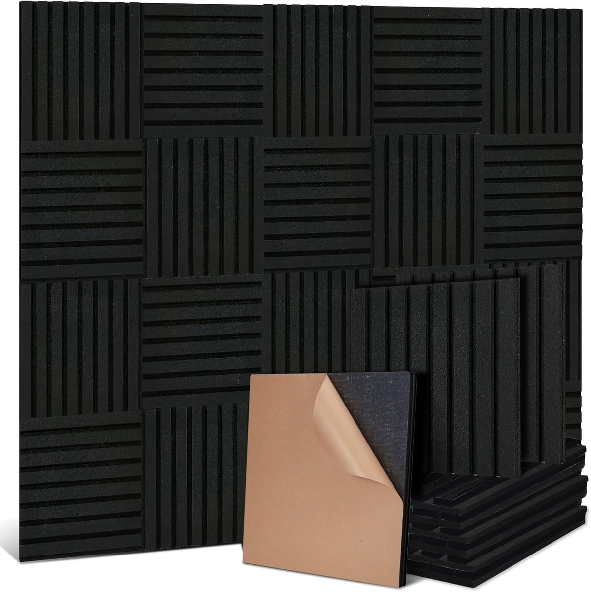 Vierkante akoestische platen, zelfklevend, akoestische panelen, set, 4 stuks, van elk 30 x 32 cm, walnootkleurige vezelplaat op akoestisch vilt, wandbekleding voor woonkamer, thuiskantoor en studio