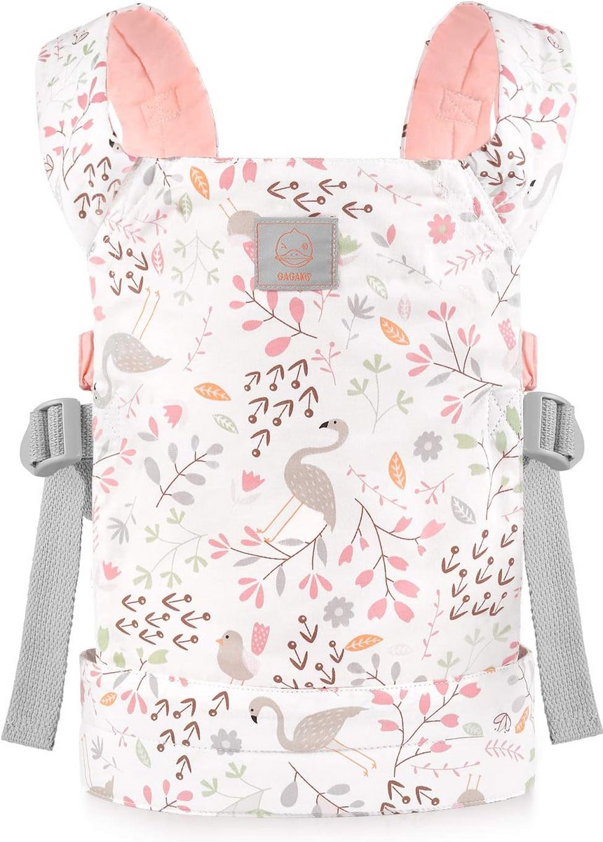 Babypop drager - Speelgoeddrager knuffel - Poppen verzorgen - Verstelbaar binnenzakje - 14 x 25 x 325 cm - Roze flamingo