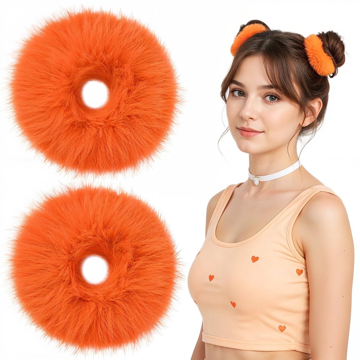 Dailygoods- Haarelastiek 2 Stuks - Pluche Haarelastiekjes - Neon Oranje - Elastisch - Zacht - Schattig Design - Haarband