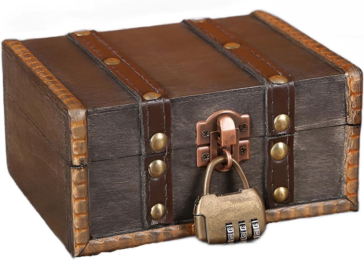 Dailygoods- Opbergdoos Hout - Vintage Schatkist met Combinatieslot - Piratenkist - Decoratieve Opbergdoos - 15x12x7.5 cm - Lichtgewicht 259g
