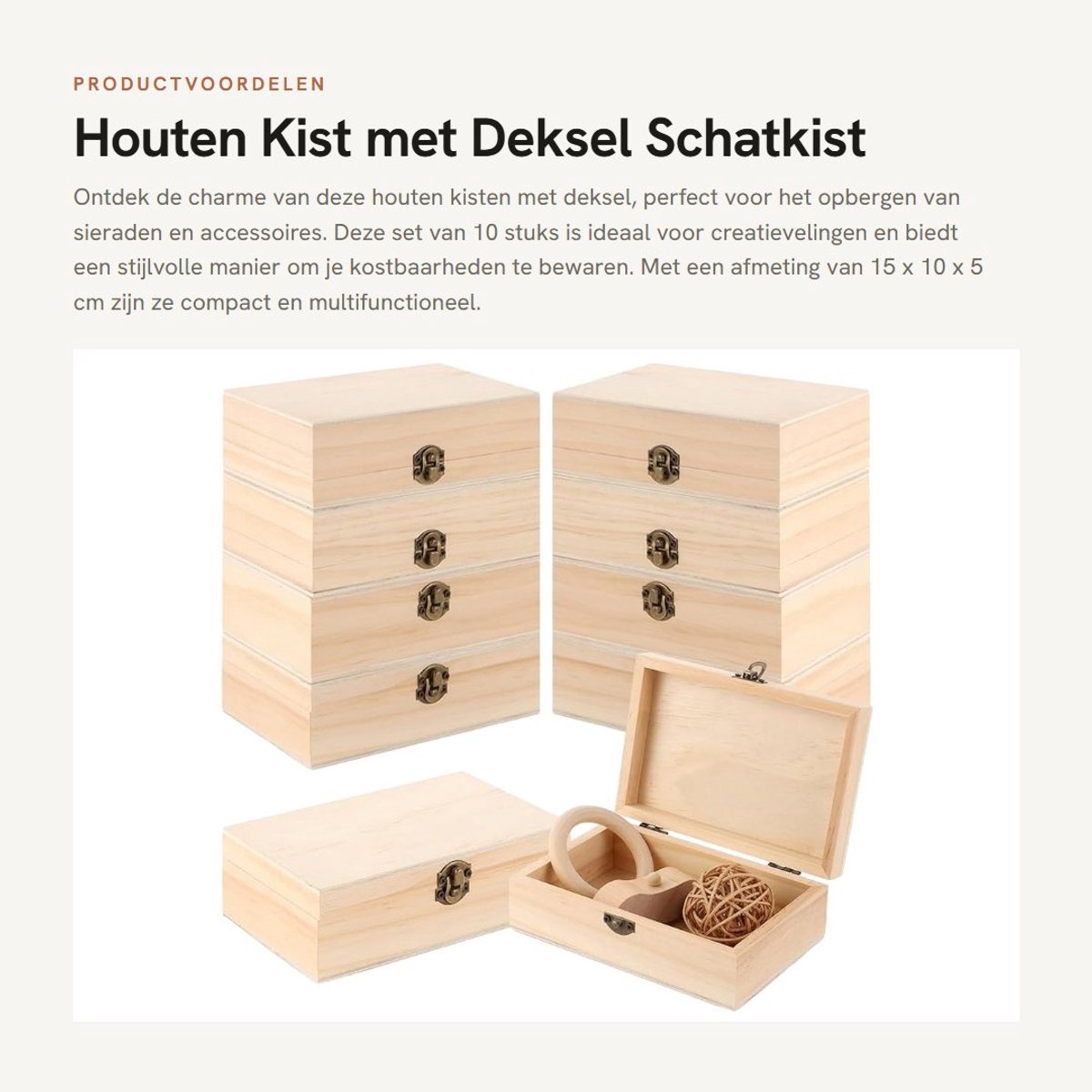 Dailygoods- Houten Kist - 10 Stuks - 15 x 10 x 5 cm - Houten Kist met Deksel - Schatkist - Kleine Houten Kist - Retro Gesp - Opbergdoos