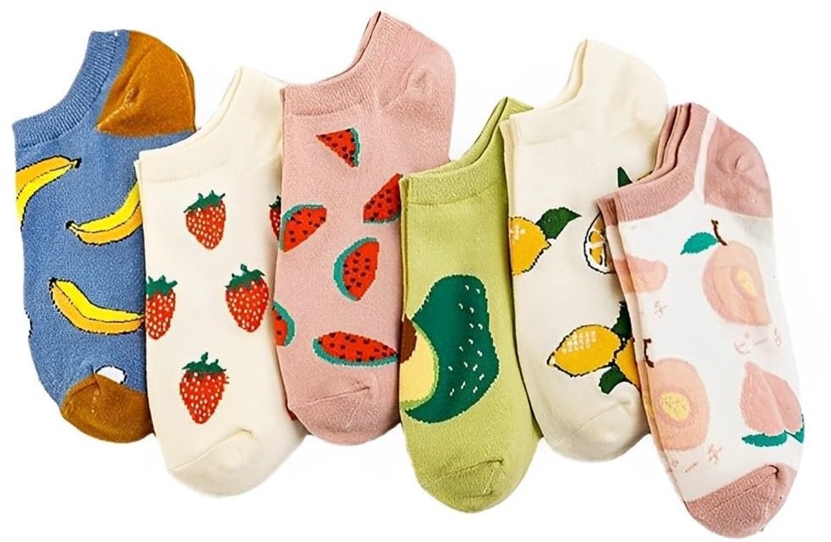 Dailygoods- Sneakersokken Uniek Design - 6 Paar Katoenen Sokken - Fruitprint - Ademend - Geschikt voor Schoenmaat 35-40 - Zacht en Elastisch