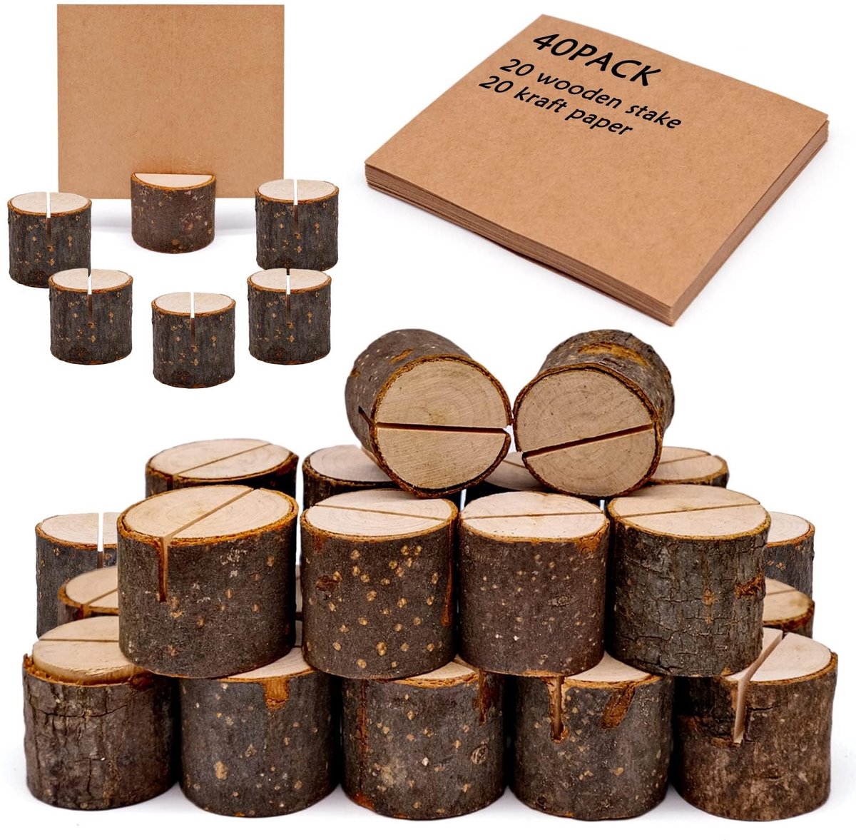 Dailygoods - Set van 40 rustieke houten tafelkaarthouders - Menukaarthouder - Organiseer jouw kaarten en foto's - Bruin - Multifunctionele kaartenhoud...