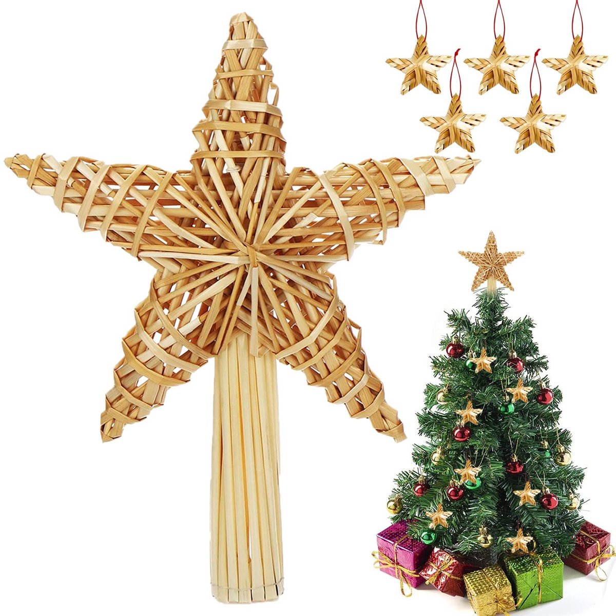 Dailygoods- Kerstboompiek Stervorm - Natuurlijk Stro - 3D-Design - Decoratie voor Kerstboom - Eenvoudig te Bevestigen - Vrolijke Kerstsfeer - Kerstdecoratie