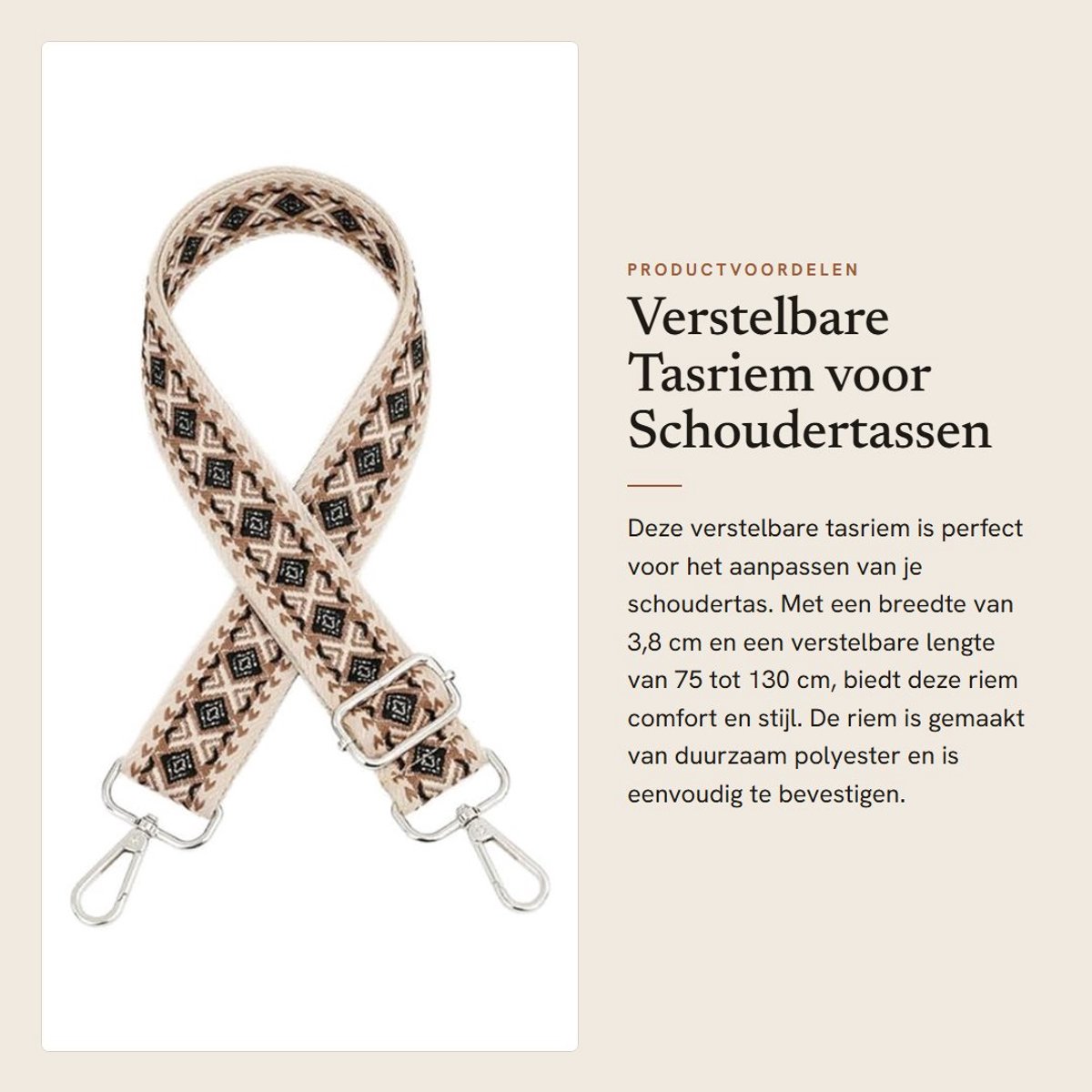Dailygoods- Tasriemen Verstelbaar - Schouderband 75-130 cm - 3,8 cm Breed - Boho-Stijl - Zilveren Gesp - Duurzaam Polyester - Schouderriem