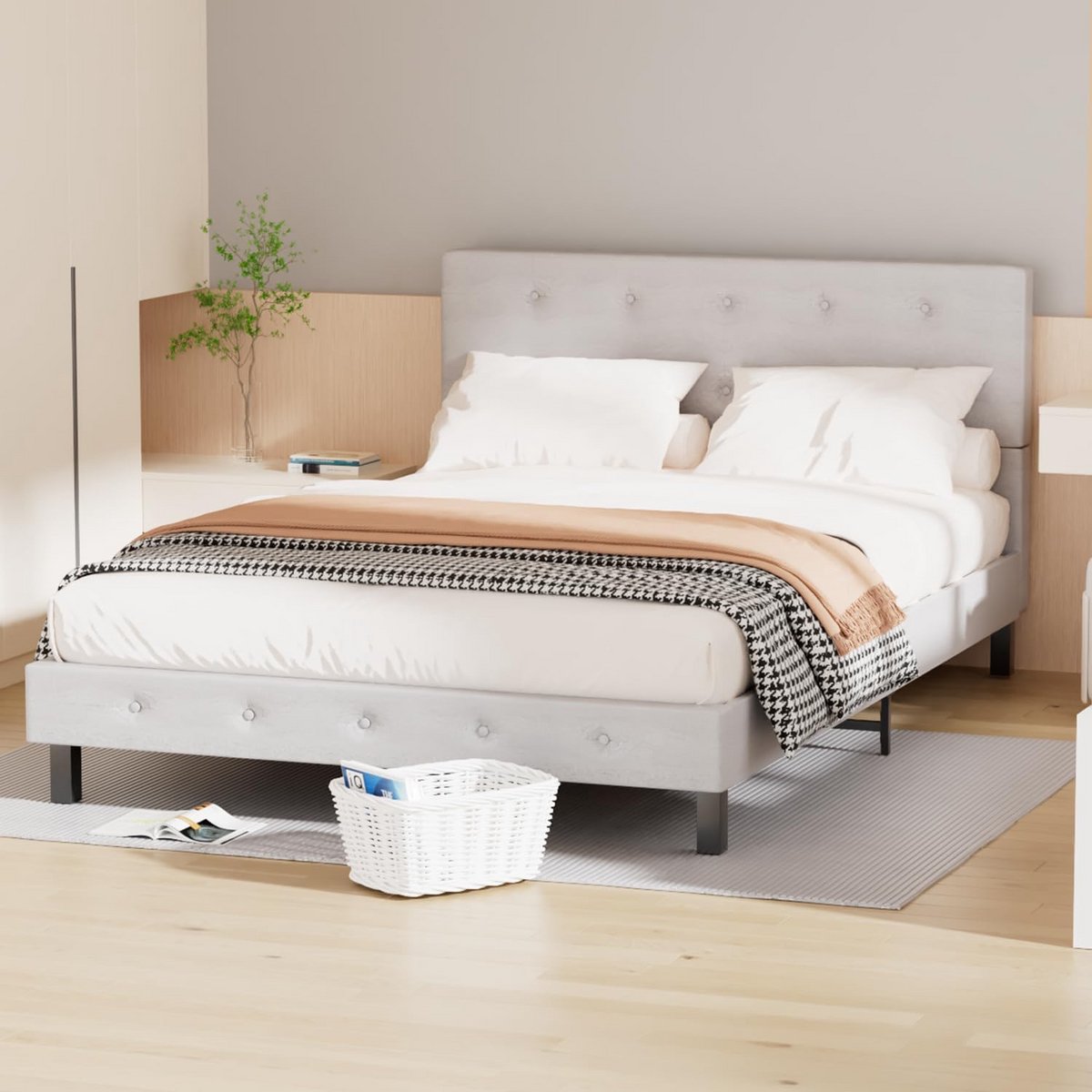 Gestoffeerd Bedframe - Bed met Hoofdeinde - Slaapcomfort Verbeteren - Stabiele Houten Lattenbodem - 140 x 200 cm - Lichtgrijs