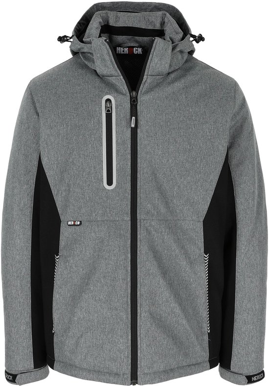 Veste softshell grise chinée avec panneaux noirs sur les côtés, capuche et fermetures éclair. Logo 'HEROCK' sur la poitrine.