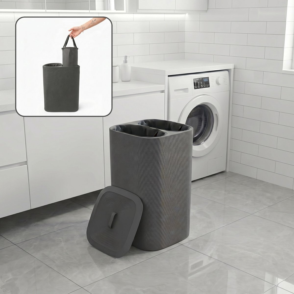 INDECOR Wasmand 90 Liter – 2 Vakken Wassorteerder – Met Deksel – Opvouwbare Wasbox – Antraciet