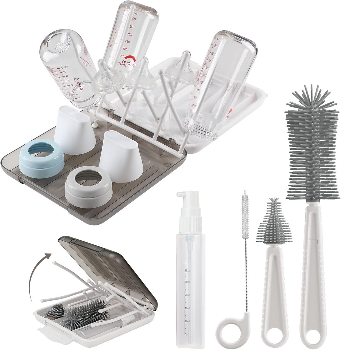 Babyfles Borstel Set - Reinigingskit Flessen - Flessen Hygiënisch Houden - 6-in-1 Inclusief Droogrek