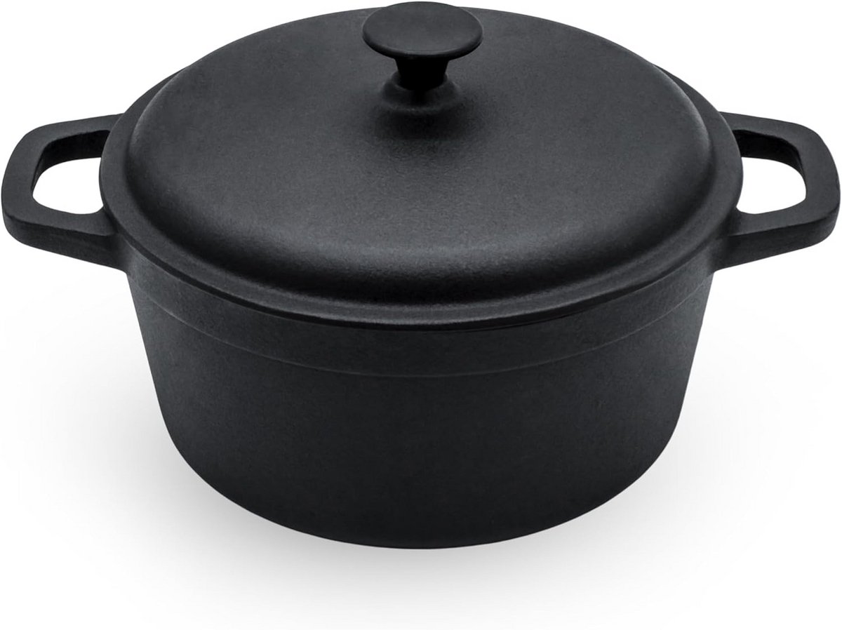Gietijzeren pan - Kookpan met deksel - Bakken en braden - Zware kwaliteit - 20 cm diameter - Zwart