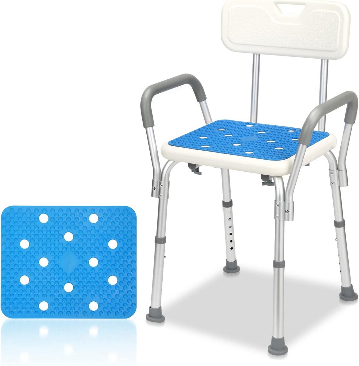 Douchestoel met Armsteun - Badkamer Kruk - Veilig Douchen - In Hoogte Verstelbaar - 41-53.5 cm - Blauw Wit