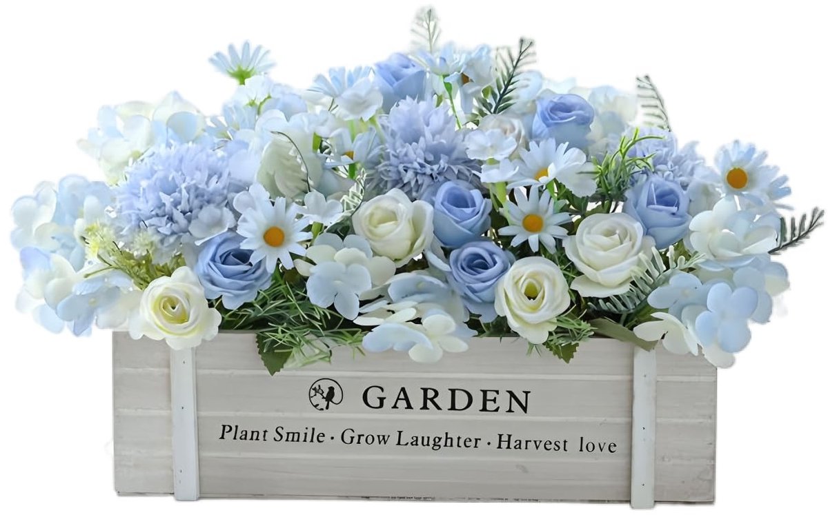 Dailygoods- Kunstbloemen Rustiek Arrangement - Houten Pot - Rozen/Hortensia - Bruiloft/Feest - Eetkamer/Woonkamer - 1 Stuk - Nepplant