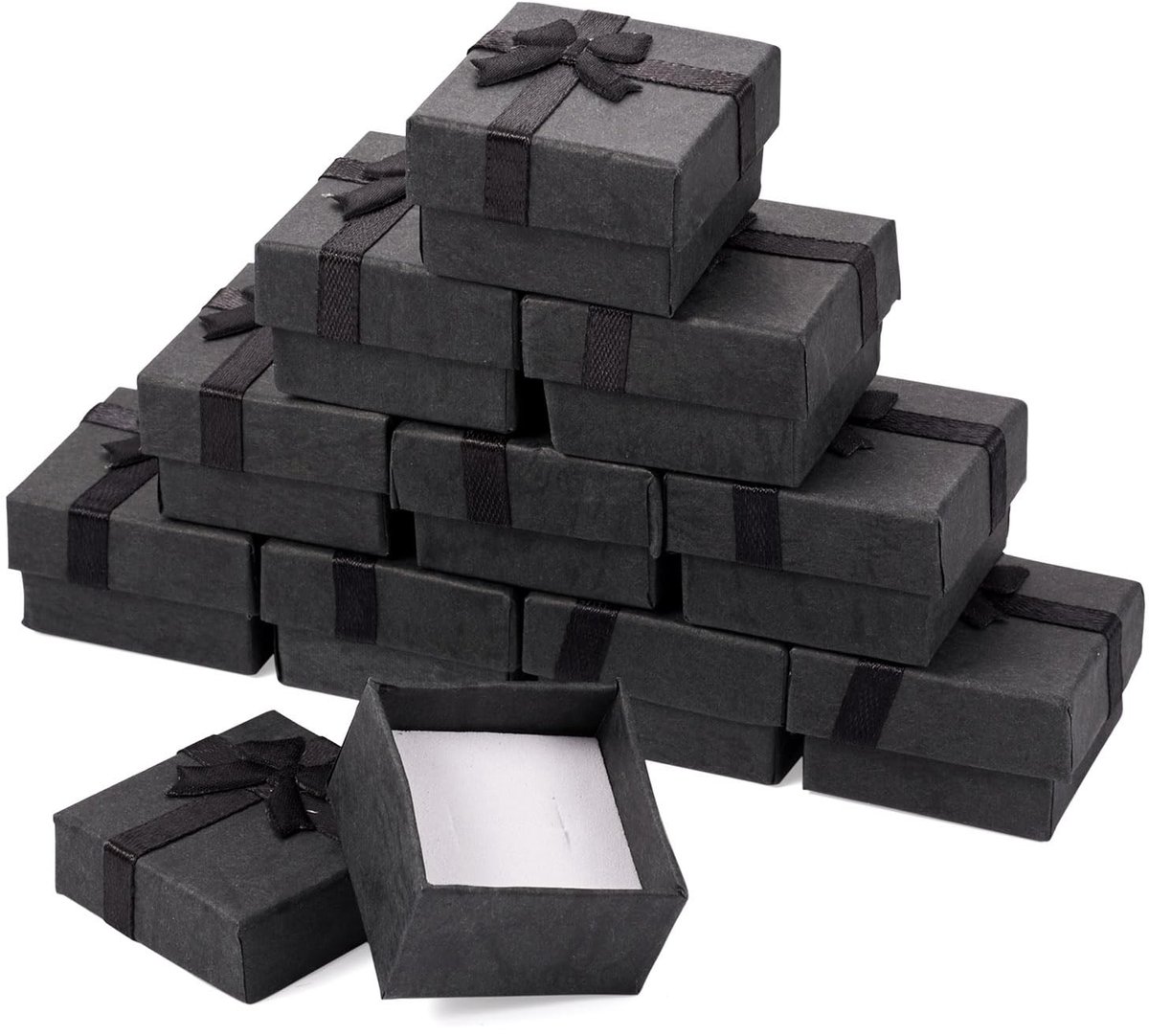 Dailygoods- Kartonnen Dozen 12 Stuks - Kleine Dozen met Deksel - Vierkante Sieradendoos - Zwart - Voor Ringen/Oorbellen - Beschermend met Spons