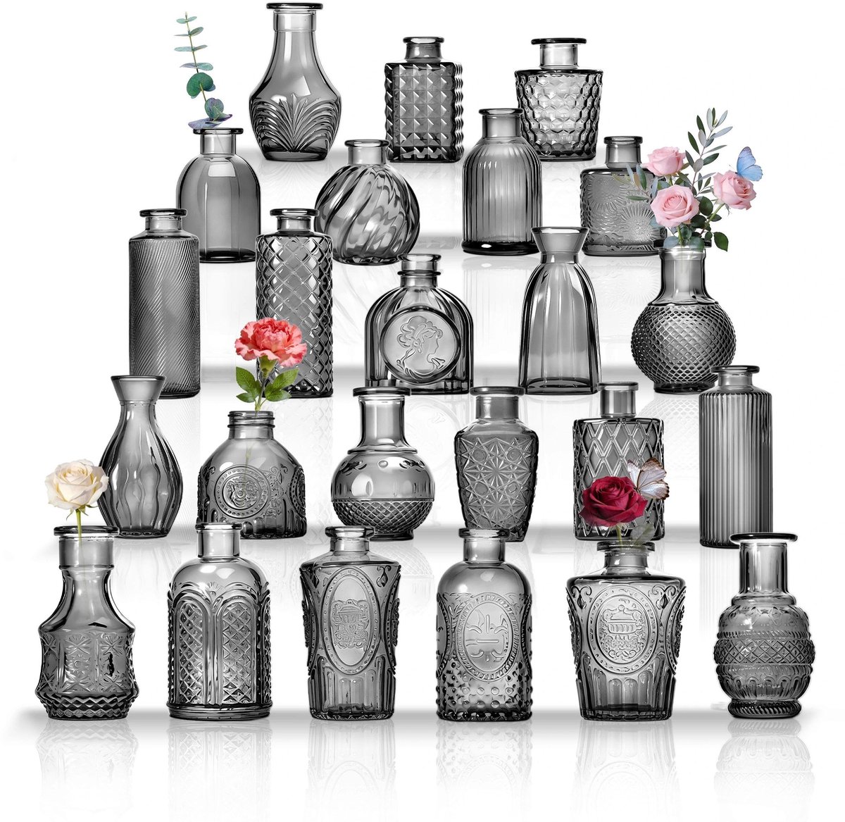 Dailygoods- Glazen Vazen Set van 24 - Transparante Decoratieve Vazen - Vintage Flessen - Deksels - 10 cm Hoog - Voor Tafeldecoratie