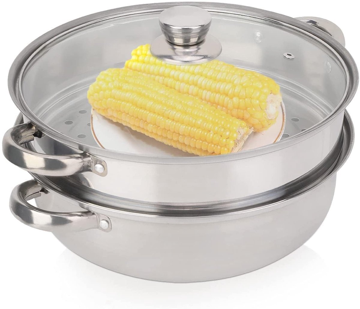 Dailygoods- Stomer 2-laags roestvrij staal - Stoompan 28 cm - Glazen deksel - Kookgerei - Voor groenten/zeevruchten - Schokbestendig ontwerp