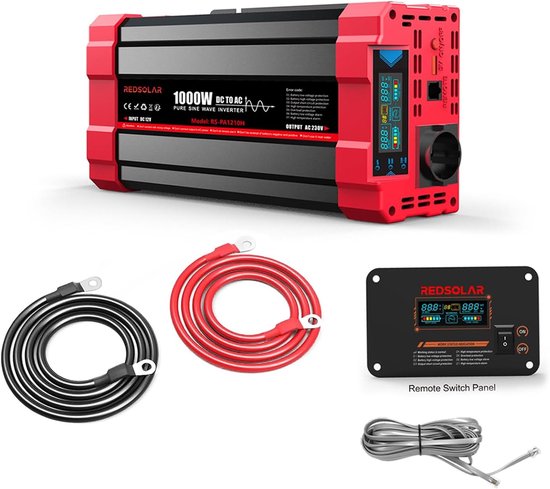 Zuivere Sinus Omvormer - 12V naar 230V - Energie voor onderweg - 1000W continu vermogen - 7M afstandspaneel - Zilver