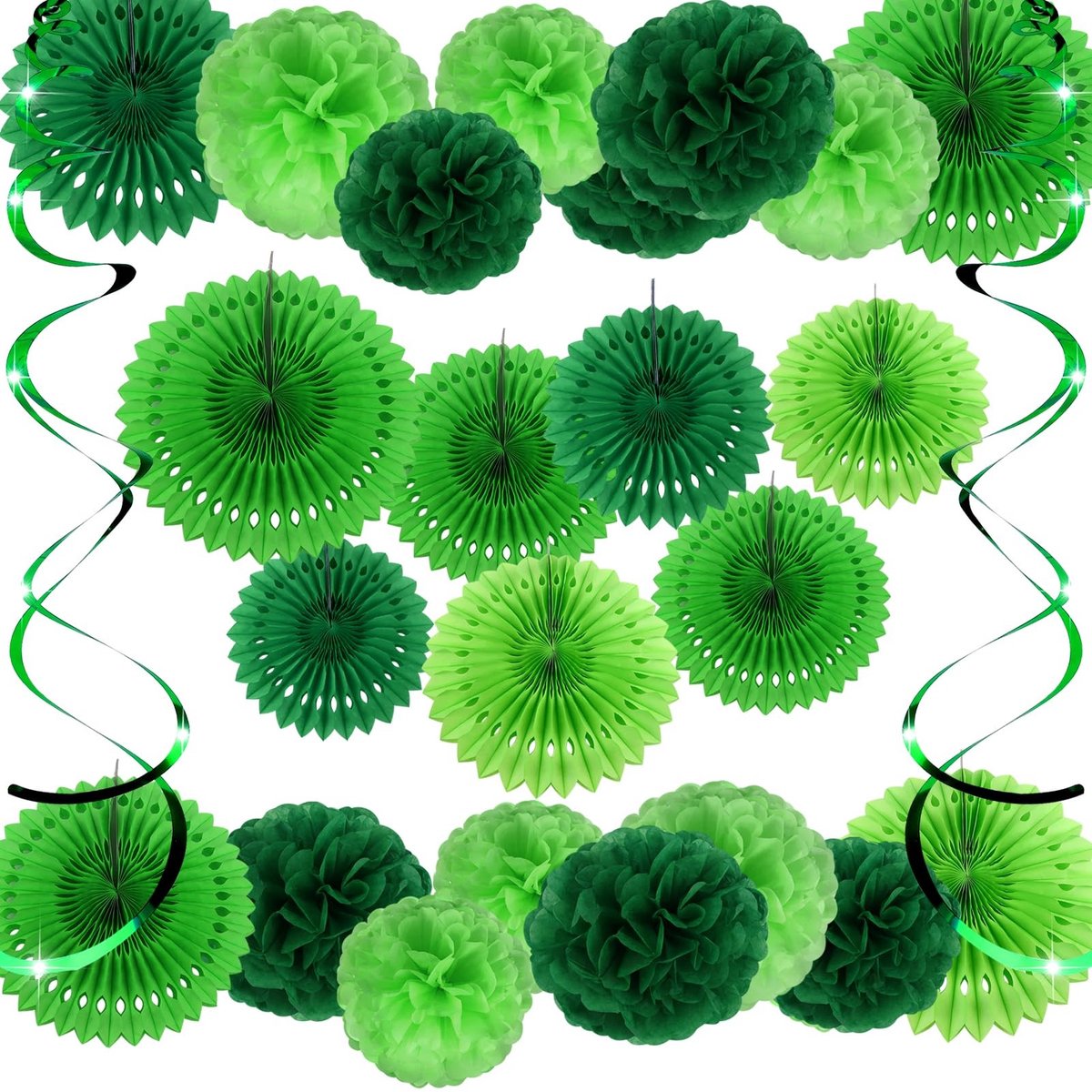 Dailygoods - Feestdecoratieset - Papieren pompons - Groene slingers - Vloeipapier decoraties - Voor verjaardagen en festivals - 19 stuks