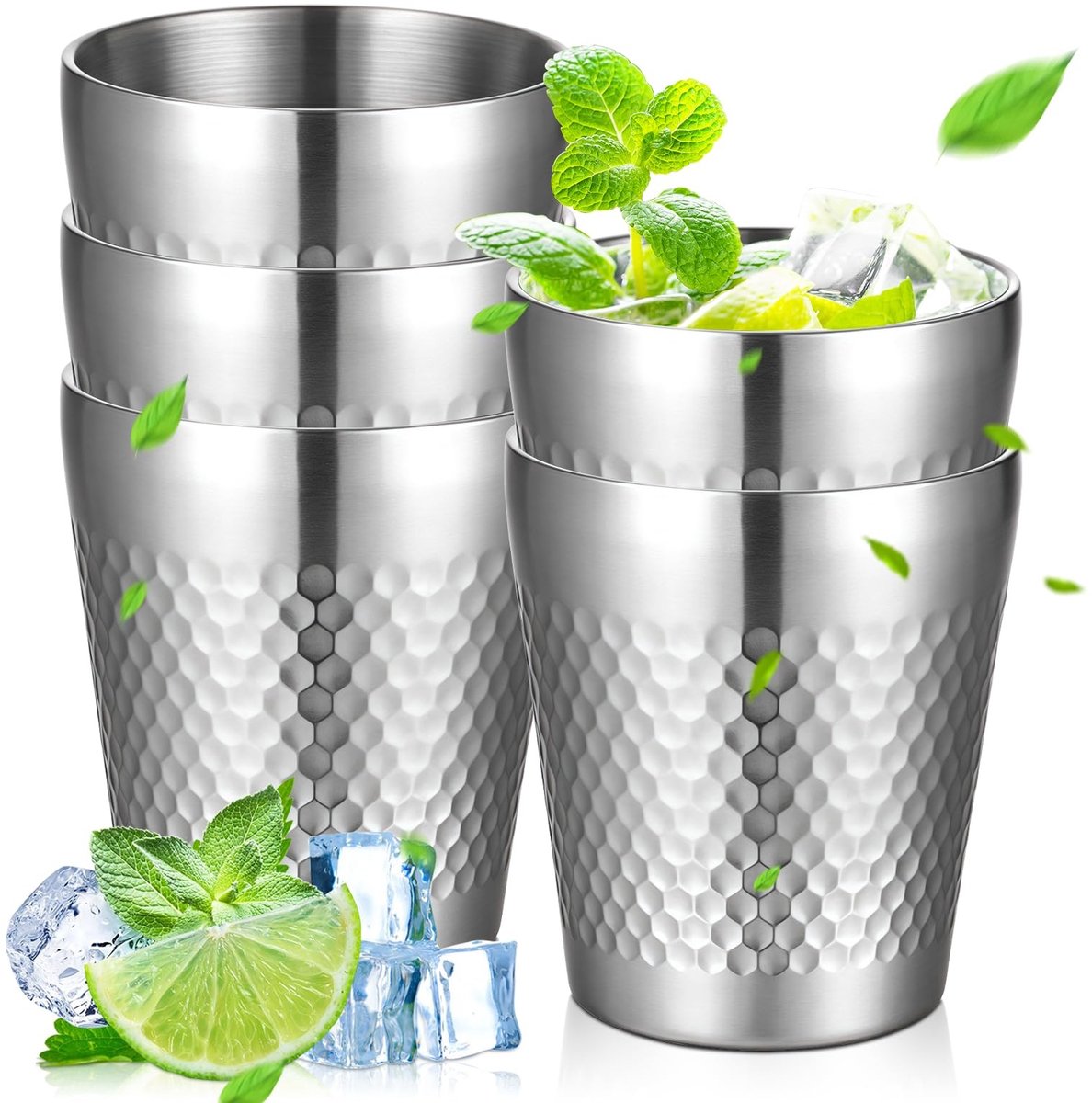 Dailygoods- Campingbekers 5 stuks - Dubbelwandig Geïsoleerd - Stapelbare Metalen Bekers - Roestvrij Staal - Verbrandingsbescherming - Hamerpatroon