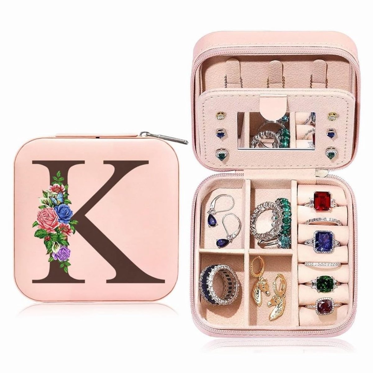 Dailygoods- Sieradendoosje Klein - Sieradenkastje - Reis-sieradenkistje - Spiegel - Bloemdesign - Beginletter K