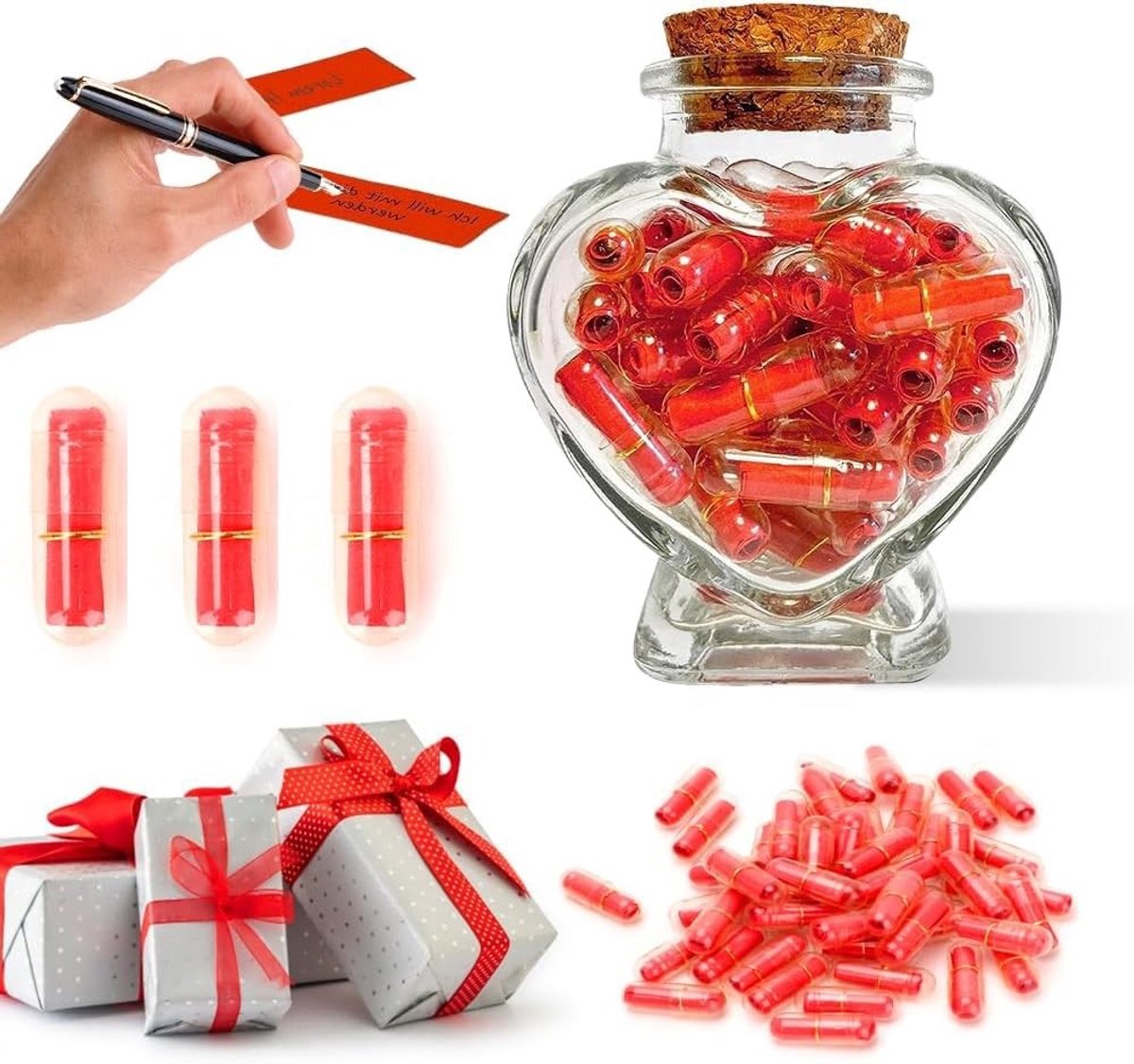 Dailygoods- Verjaardagscadeau Romantisch - Wensfles Hartvorm - 50 Papieren Capsules - Glazen Fles met Kurk - Creatief Cadeau - Compact Formaat 80 ml - Liefdescadeau