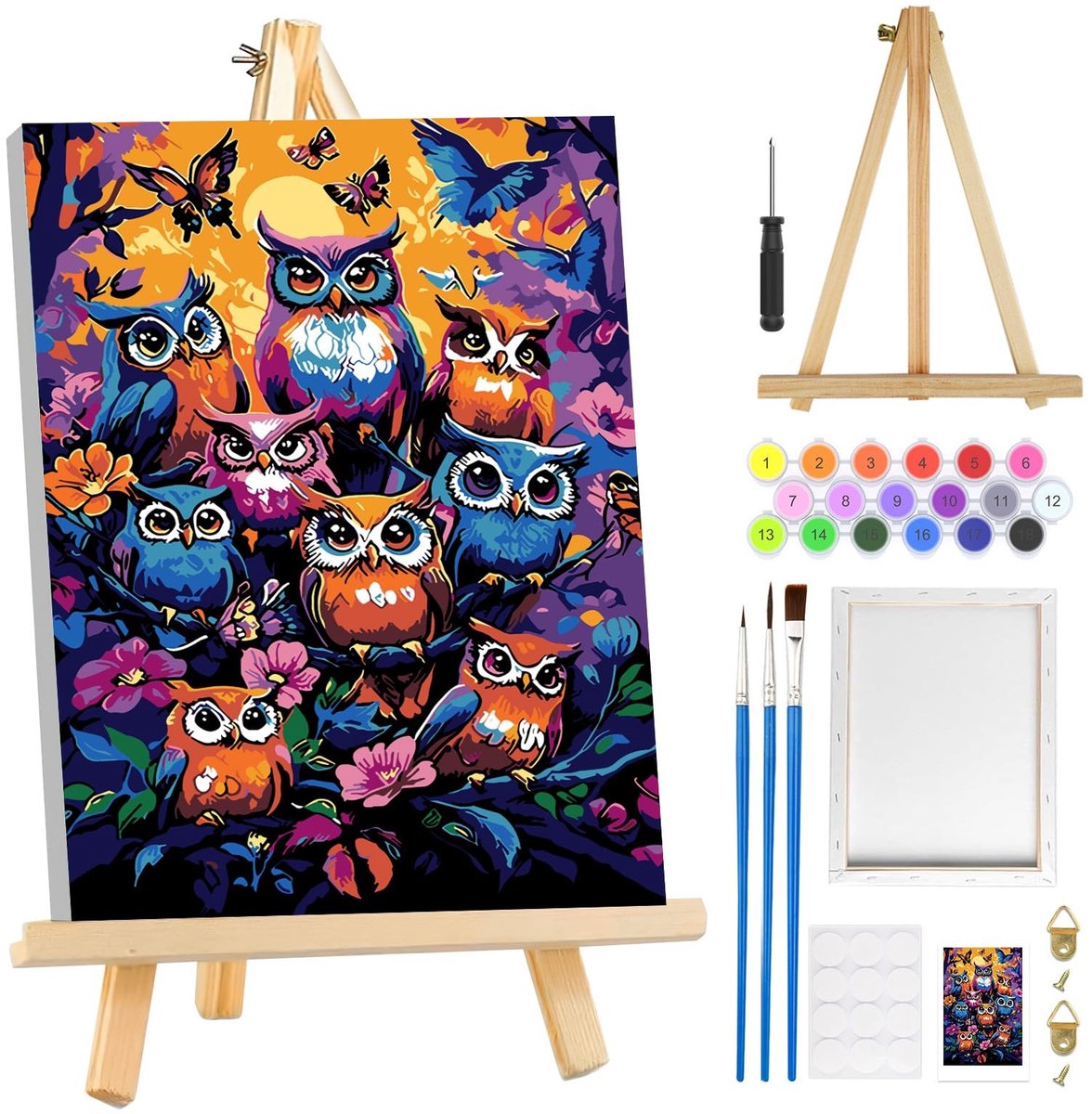 Dailygoods- Verf op Nummer Uil - Schilderen op Nummer voor Volwassenen - Doe-Het-Zelf Olieverfschilderij - Inclusief Houten Ezel - Voorbedrukt Canvas - 3 Penselen