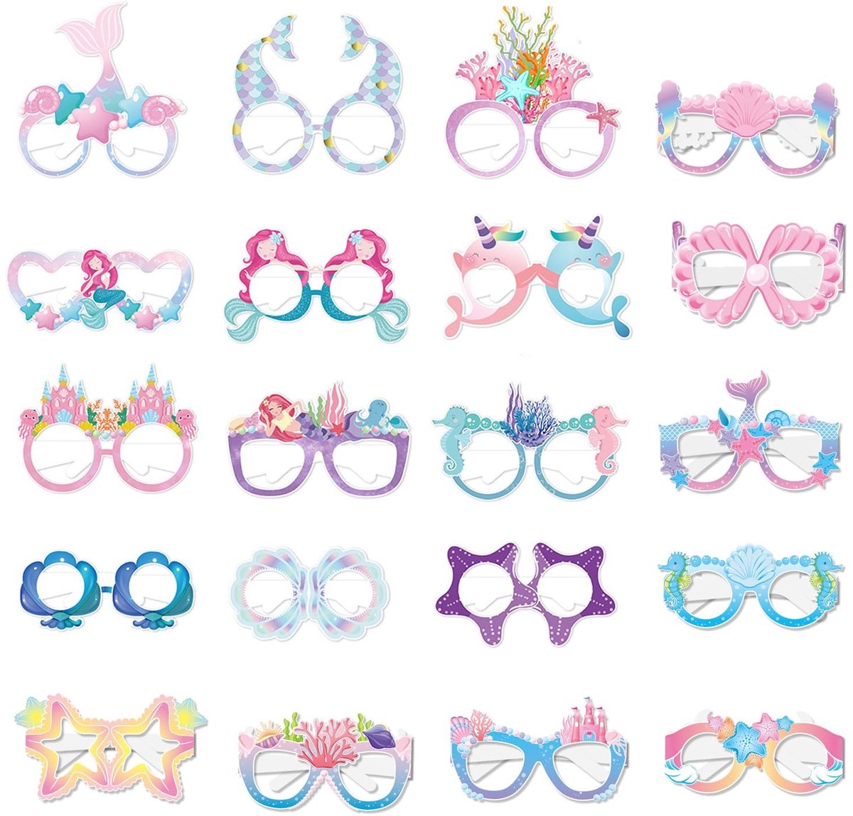 Dailygoods- Zeemeerminbril Set van 20 - Feestbrillen - Grappige Bril - Thema Oceaan - Fotobooth - Veelkleurig - Lichtgewicht Papier - Feestbril