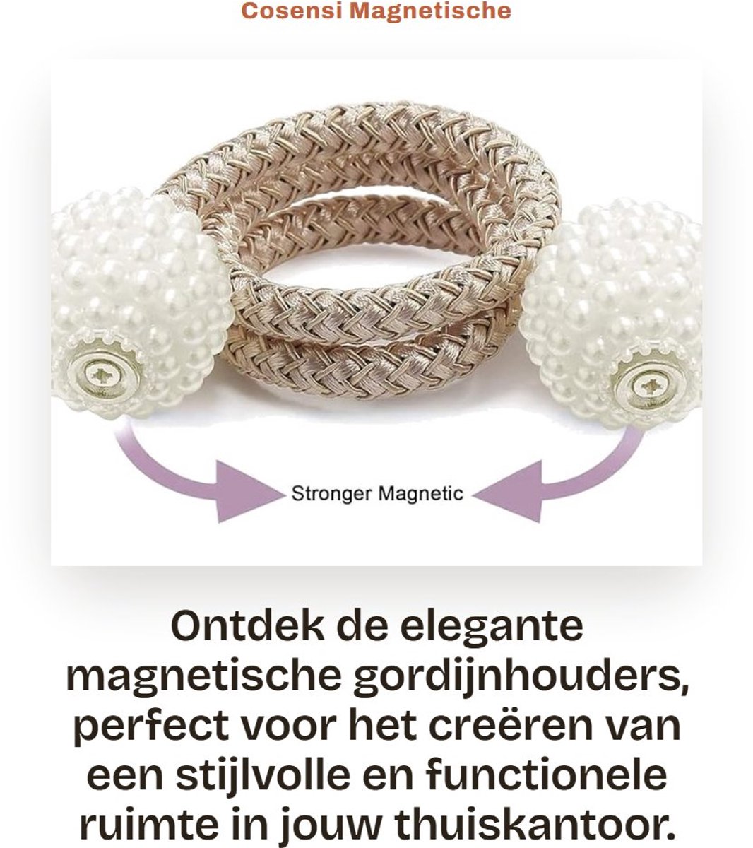 Dailygoods- Gordijnhouders Magnetisch - Gordijnclips - Gordijnhouders Muurbevestiging - Decoratieve Kabelbevestiging - 2 Stuks - Lengte Vrij Instelbaar 44 cm
