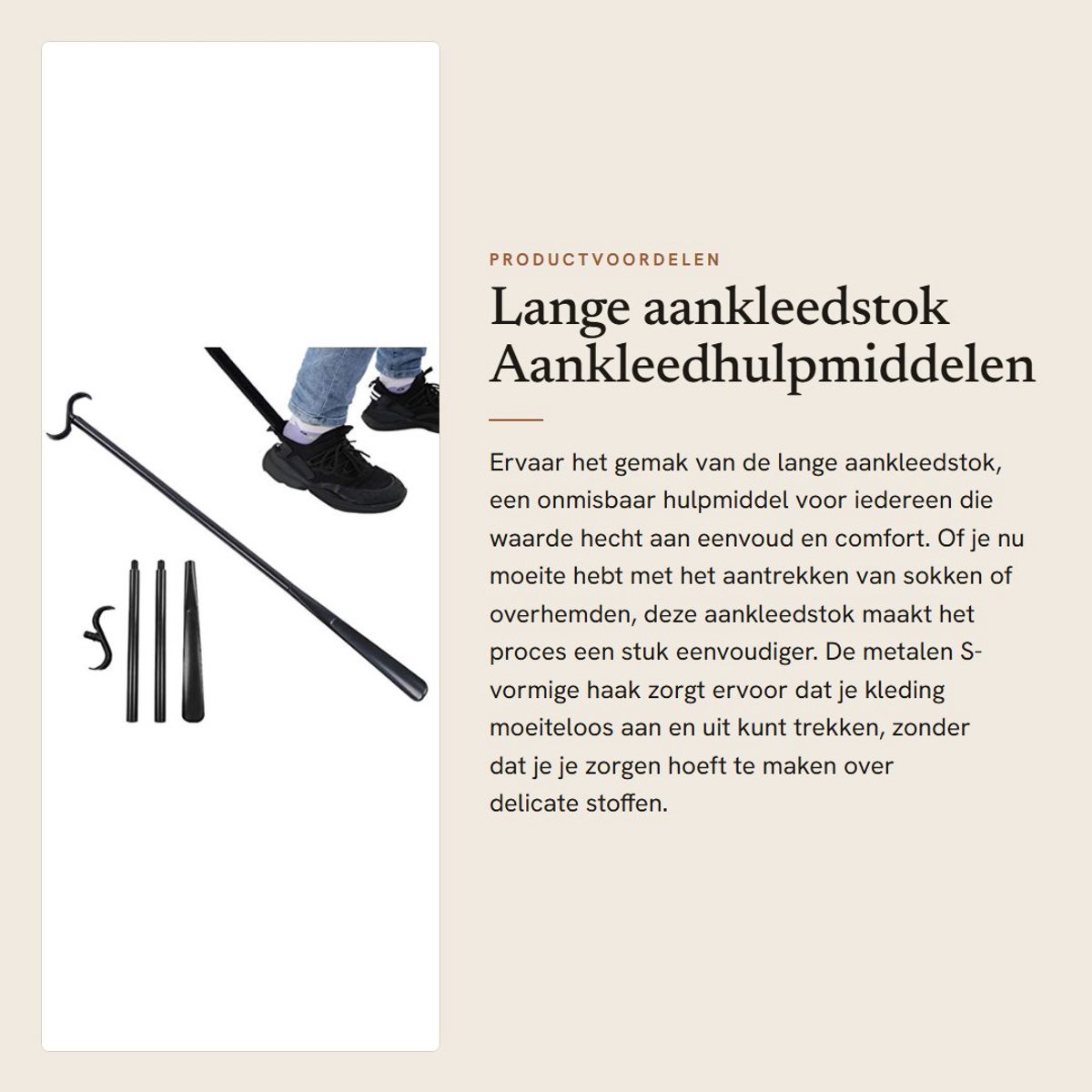 Dailygoods- Aankleedstok 30cm-90cm - Afneembare Schoenlepel - Aankleedhulpmiddelen - Sokken/Overhemden/Broeken - Draagbaar - Metalen S-vormige Haak - Aankleedhulp