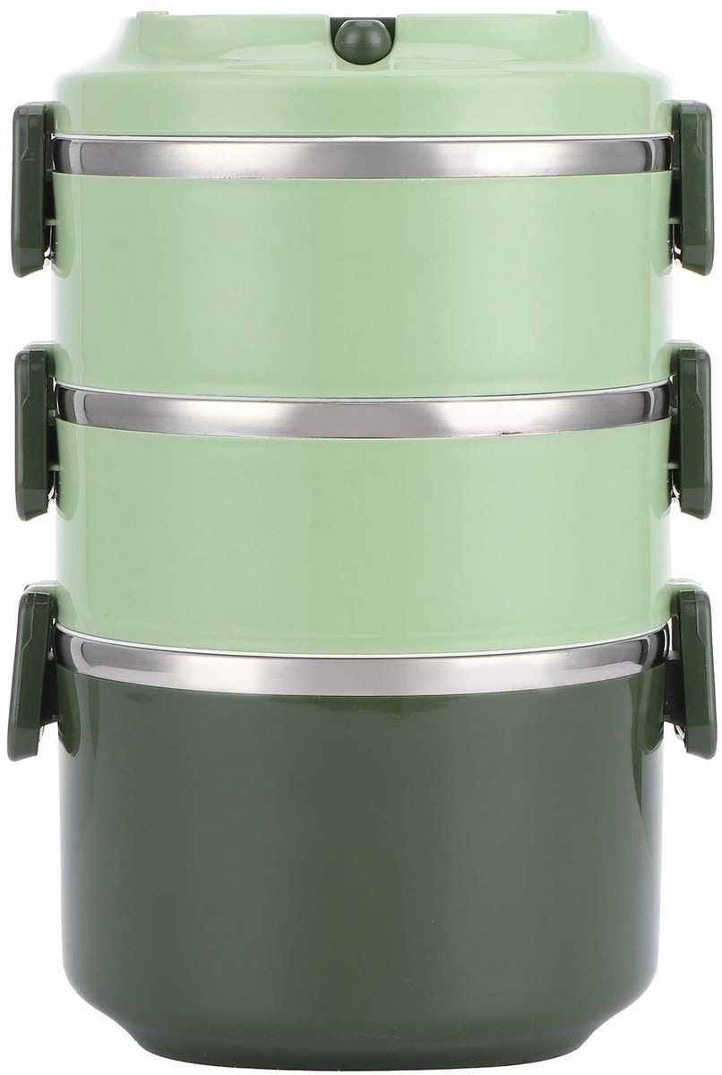 Dailygoods- Thermos Lunchbox - Ronde Voedselcontainer - Lekvrij - 304 Roestvrij Staal - Drie Lagen - Groen - Warmtebehoud met Afdichtring
