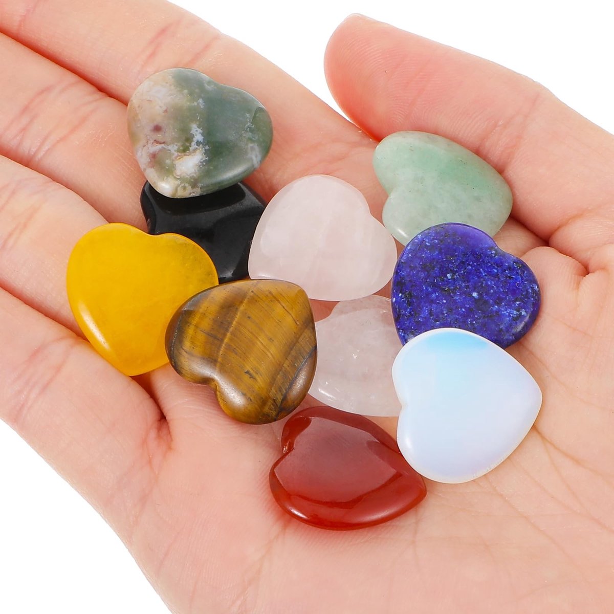 Dailygoods- Hartvormige Stenen Set van 10 - Natuurlijke Edelstenen - Helende Kristallen - Mini-Chakra-Stenen - Zorgenstenen - Geschikt voor Yoga/Meditatie