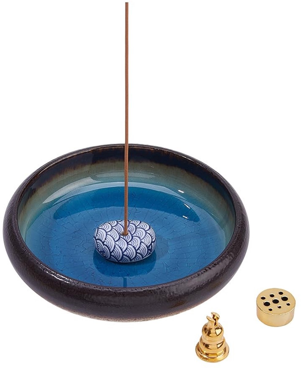 Dailygoods- Wierookstokjeshouder set - Porseleinen schaal 13,05 cm - 3 Wierookstokjeshouders - Yoga/Meditatie decoratie - Keramisch/Legering - Dubbele gaten 1,8 mm/3 mm - Wierookhouder