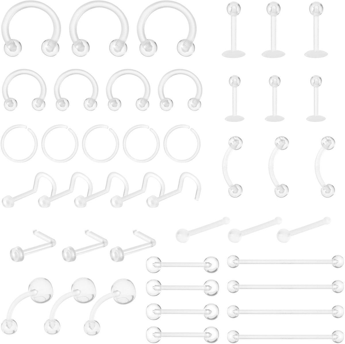 Dailygoods- Piercingset 48-delig - Transparant Acryl - Neusringen/Lipringen - Wenkbrauw/Tongpiercings - Industrial Piercings - Lichtgewicht en Veilig