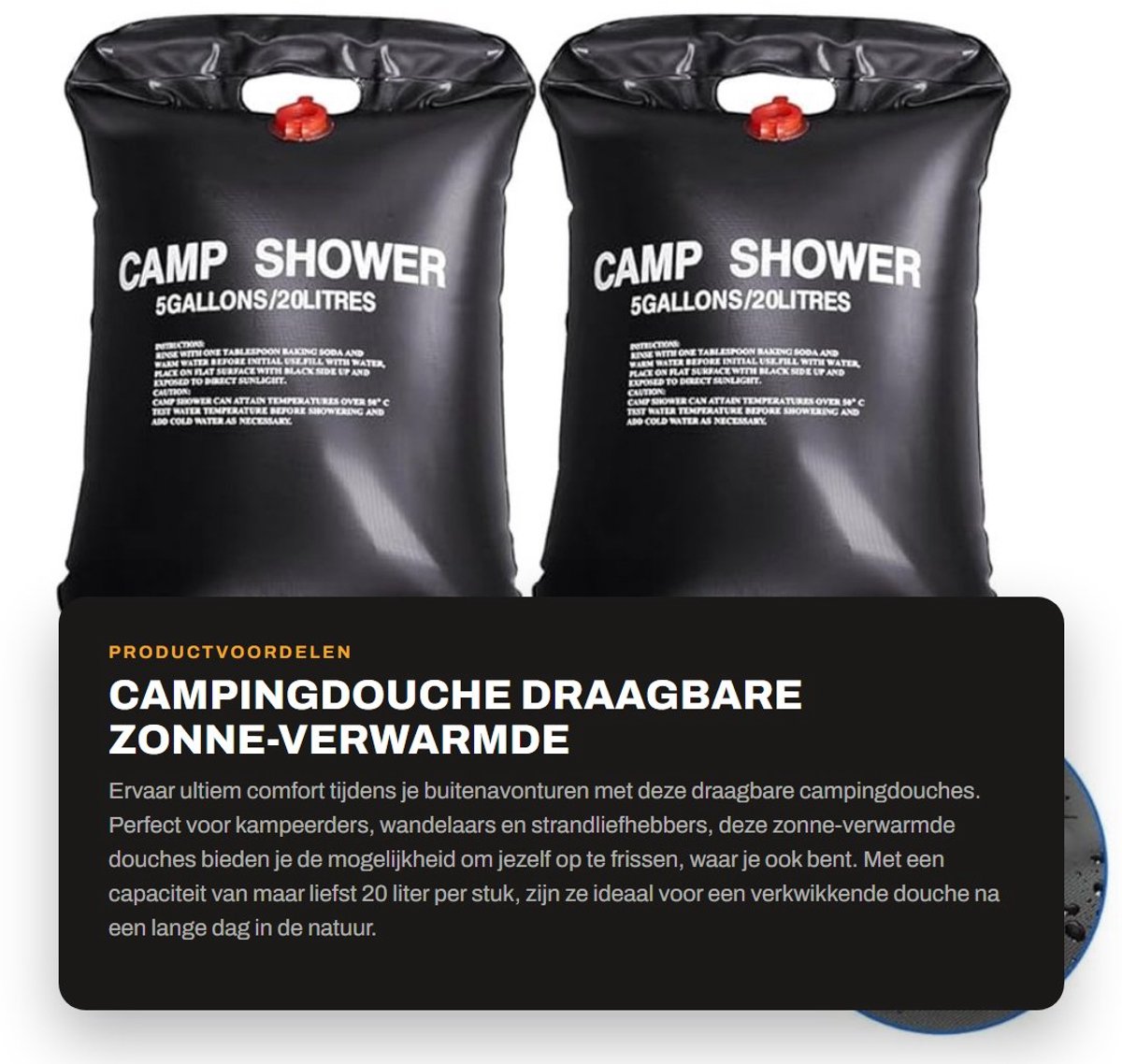 Dailygoods- Campingdouche 20 Liter - Set van 2 - Draagbare Zonne-verwarmde Douche - Perfect voor Kamperen - Schimmelbestendig - Hoogwaardige Waterstroom - Douchezak
