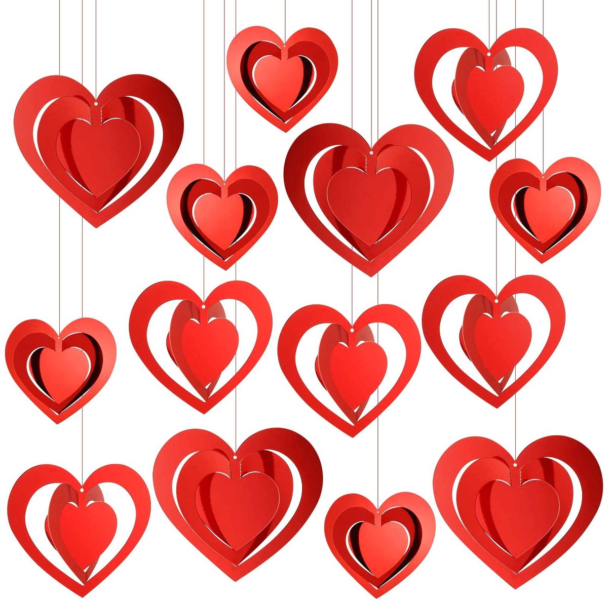 Dailygoods- Hart Decoratie 3D - Romantisch Ornament - Valentijnsdag Decoratie - Bruiloft Versieringen - 15 Stuks - Rode Linten