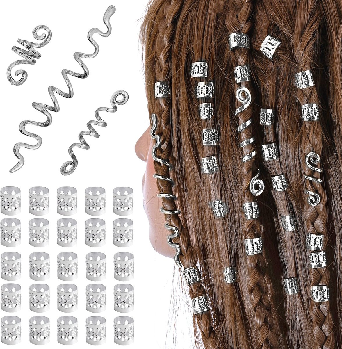 Dailygoods- Haarspiralen 28 Stuks - Dreadlocks Ringen - Verstelbare Clips - Hoogwaardige Legering - Antivervorming - Zilveren Kleur - Haarkralen