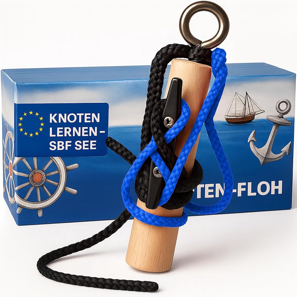 Knooppenset Bootrijbewijs - Knooppenbord Zeemansknopen - Knopen Leren - Realistische Houten Trainer - 134 cm - Zwart/Blauw