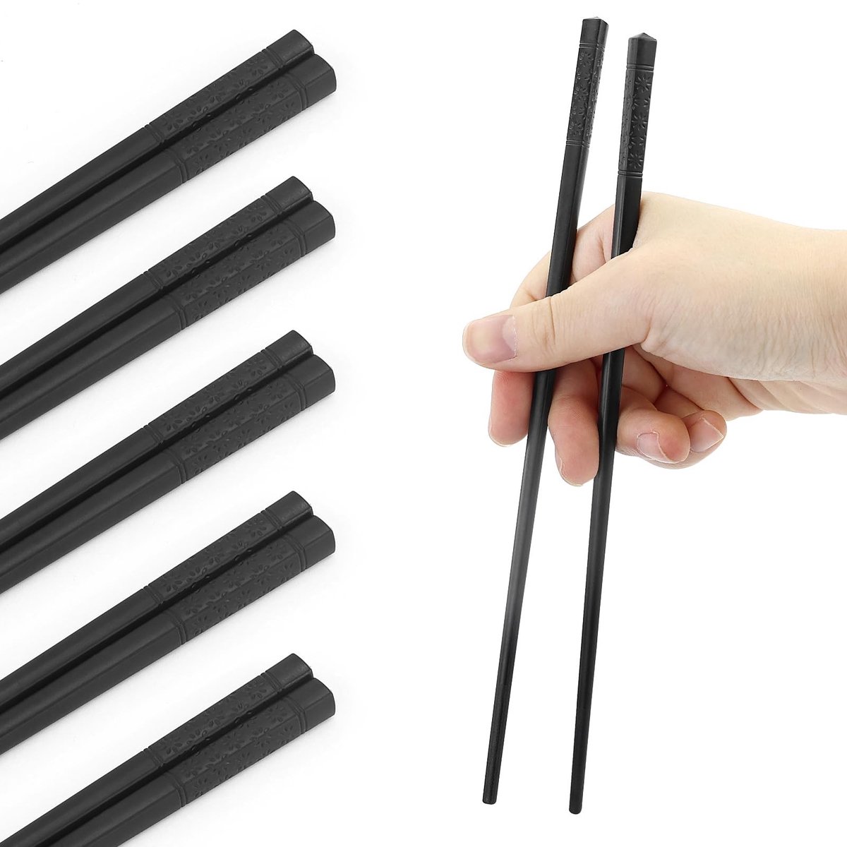 Dailygoods- Eetstokjes Set van 5 - Vaatwasmachinebestendig - Glasvezel - Antislip - 24 cm - Zwart - Duurzaam en stevig - Sushi Stokjes