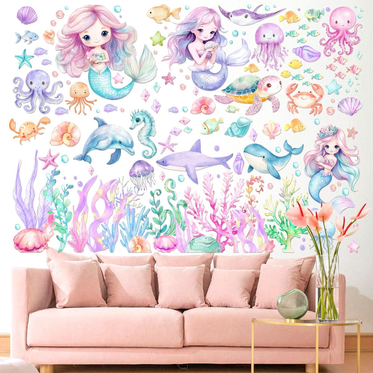 Dailygoods- Muurstickers Zeemeermin - Wanddecoratie Onderwater - 2 Vellen 90 x 30 cm - Oceaan Thema - Betoverende Decoratie - Magische Zeewezen