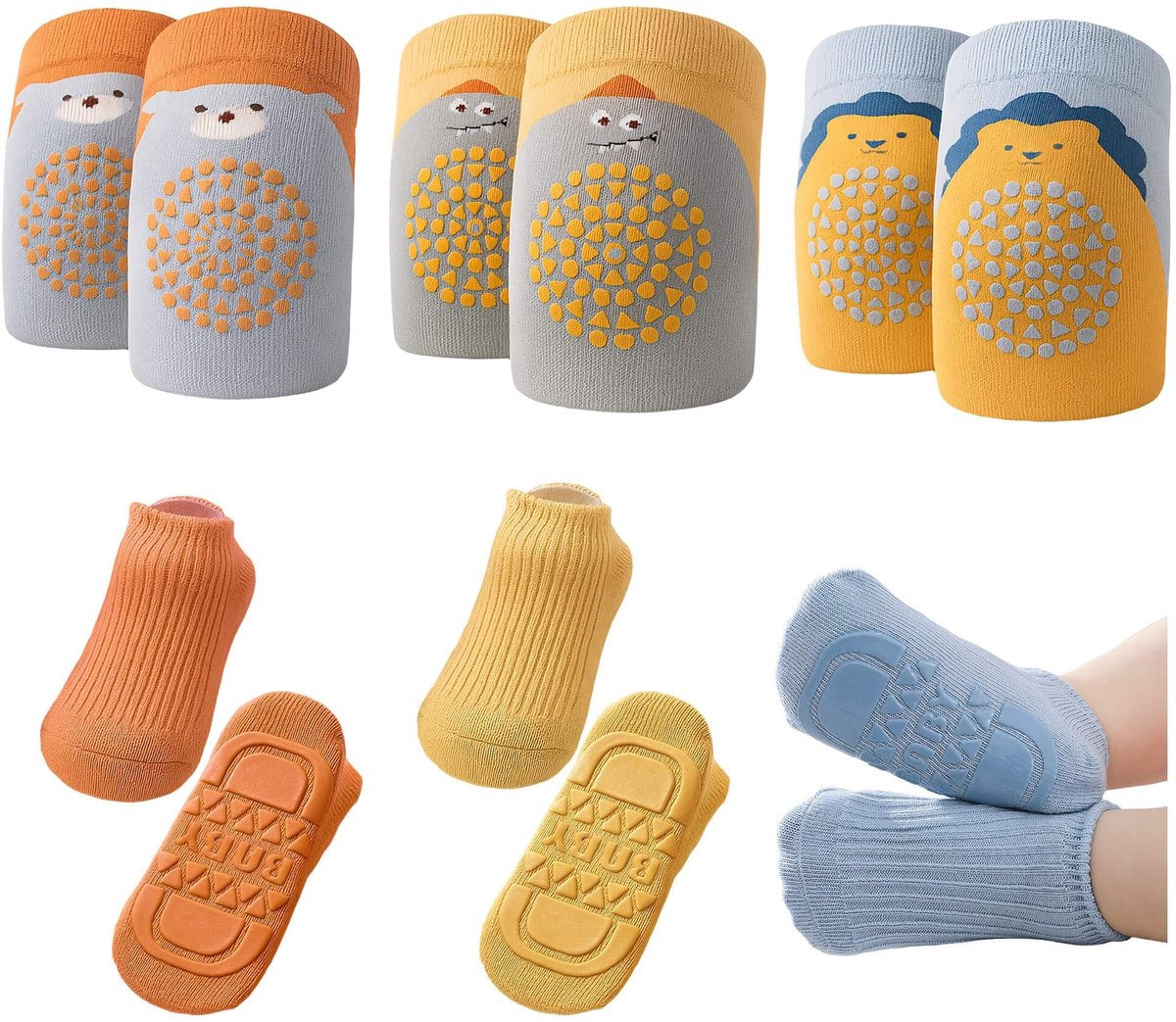 Dailygoods- Kniebeschermers Baby - 3 Paar - Kruipsokken - Geschikt voor 0-1 Jaar - Vrolijke Kleuren - Leeuwen/Dino Patroon