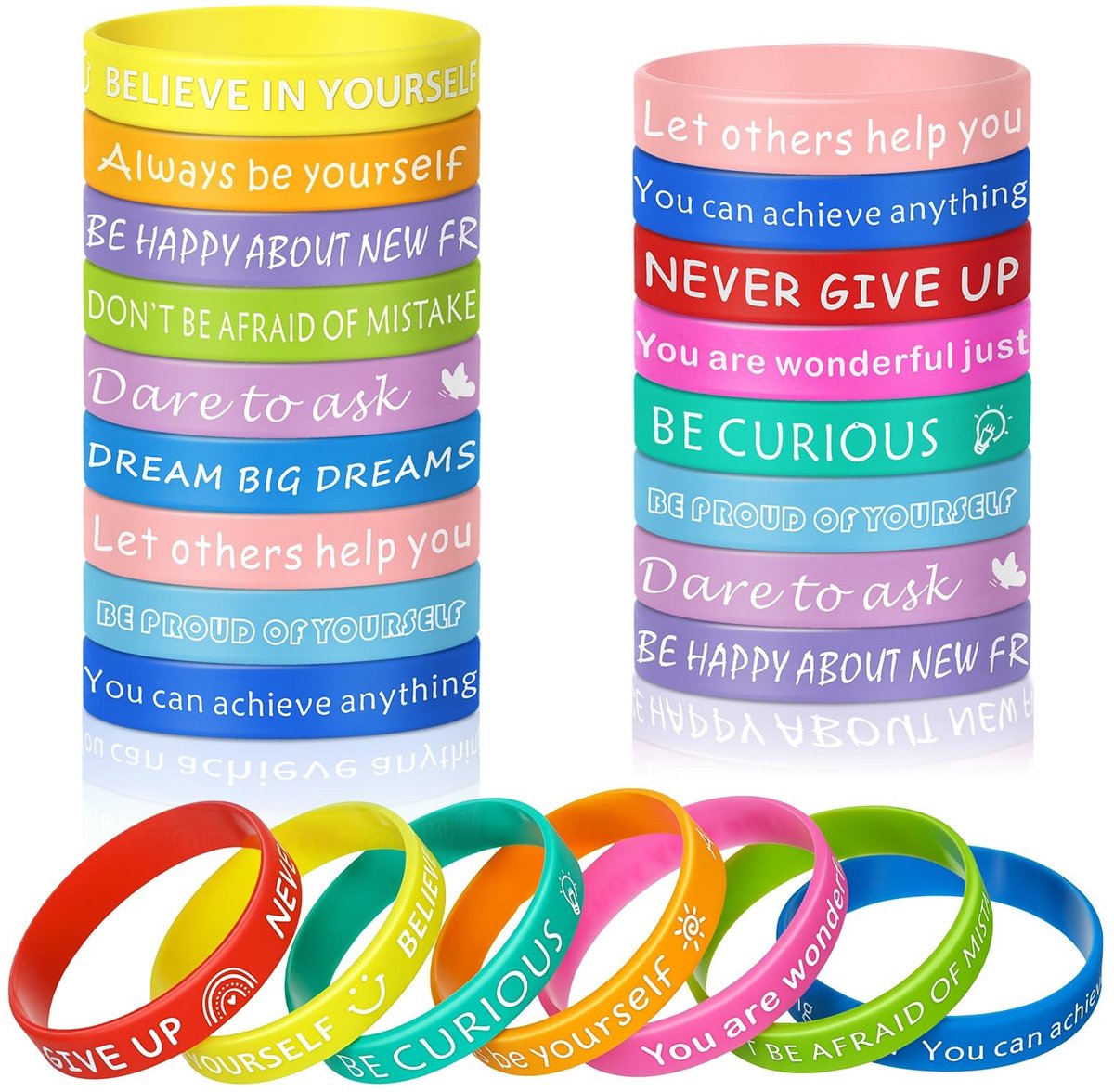Dailygoods- Motivatiearmbanden 24 stuks - Kleurrijke Vriendschapsarmbanden - Siliconen Armbanden - Inspirerende Spreuken - Cadeau voor Kinderen - Veilig en Duurzaam