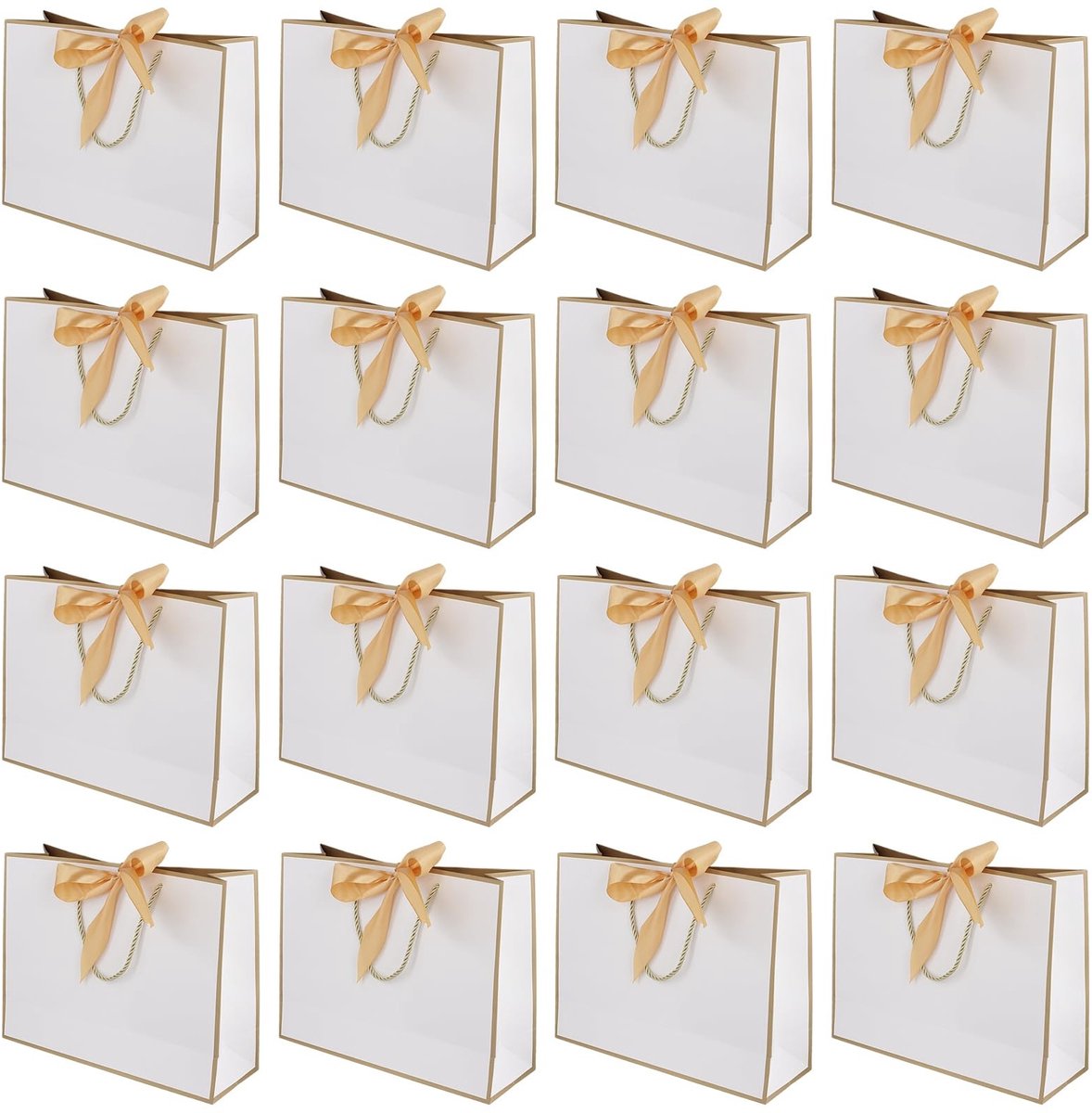 Dailygoods- Geschenkzakken 16 Pack - Luxe Cadeau Zakken 32x25x11cm - Witte Papieren Zak met Gouden Lint - Robuuste Constructie - Versterkte Handgrepen - Ideaal voor Verjaardag/Bruiloft/Feest - Cadeauzakken