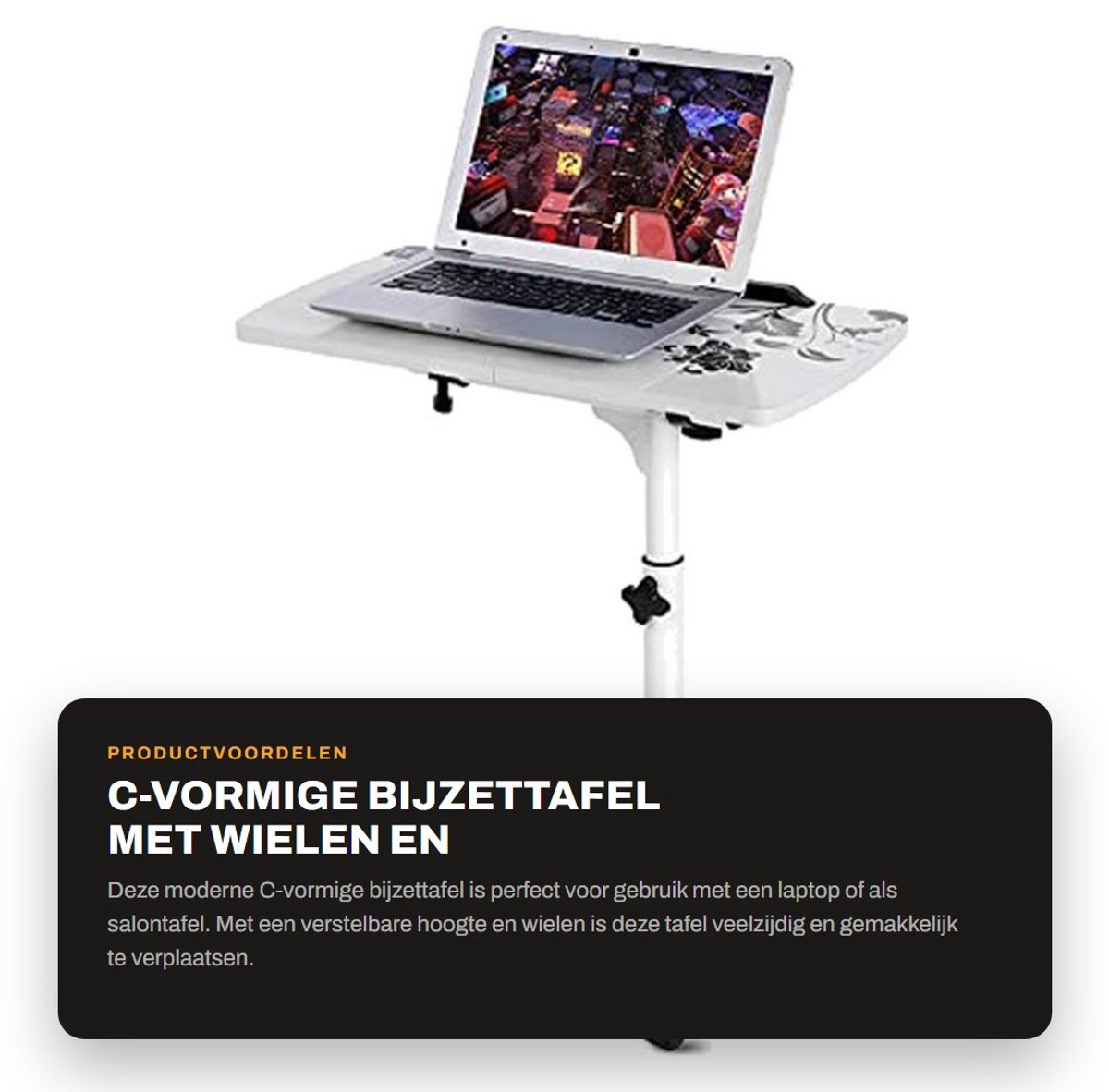 Dailygoods- Bijzettafel Hoogte Verstelbaar - Laptoptafel met Wielen - C-Vorm - Salontafel - Nachtkastje - Metalen Frame
