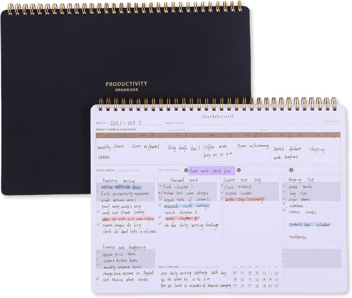 Productiviteitsplanner - Weekplanner bureau - Taken organiseren - 6 focusgebieden - 8.5 x 12 inch - Zwart