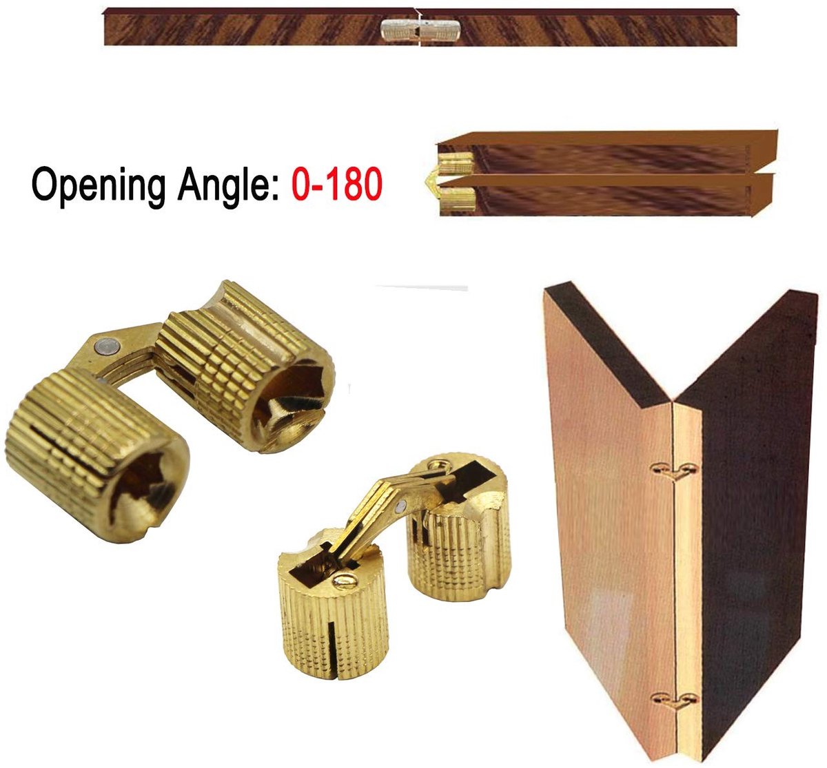 Dailygoods- Inboorscharnier 4 Stuks - Verborgen Scharnier - Messing - 180° Openingshoek - Ø 14 mm - Geschikt voor Juwelendoos/Kastdeur