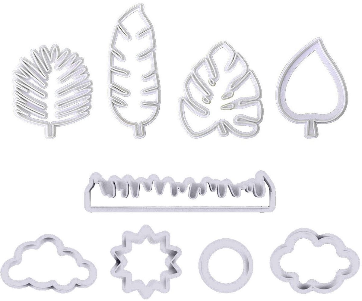 Dailygoods- Uitsteekvormen Tropische Bladeren/Wolken - Set van 4/5 Stuks - Kunststof - Duurzaam - Creatieve Ontwerpen - Afmetingen 71x60mm/23x131mm - Koekjesuitsteekvormen