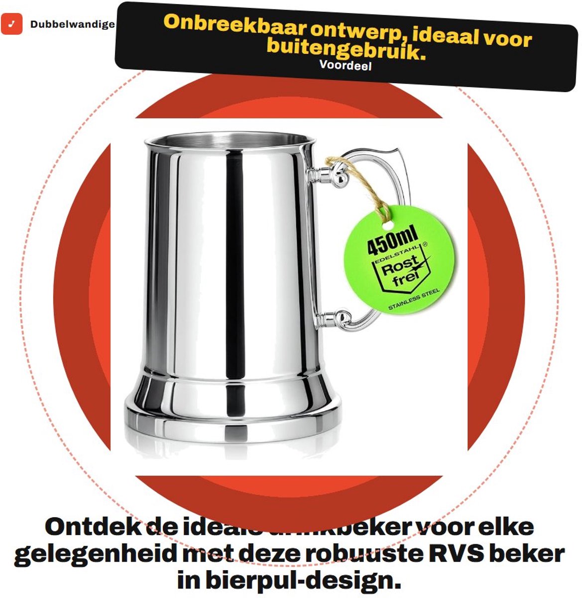 Dailygoods- Thermobeker 450 ml - Dubbelwandige RVS Beker - Robuuste Drinkbeker - BPA-vrij - Bierpul-Design - Ideaal voor Kamperen