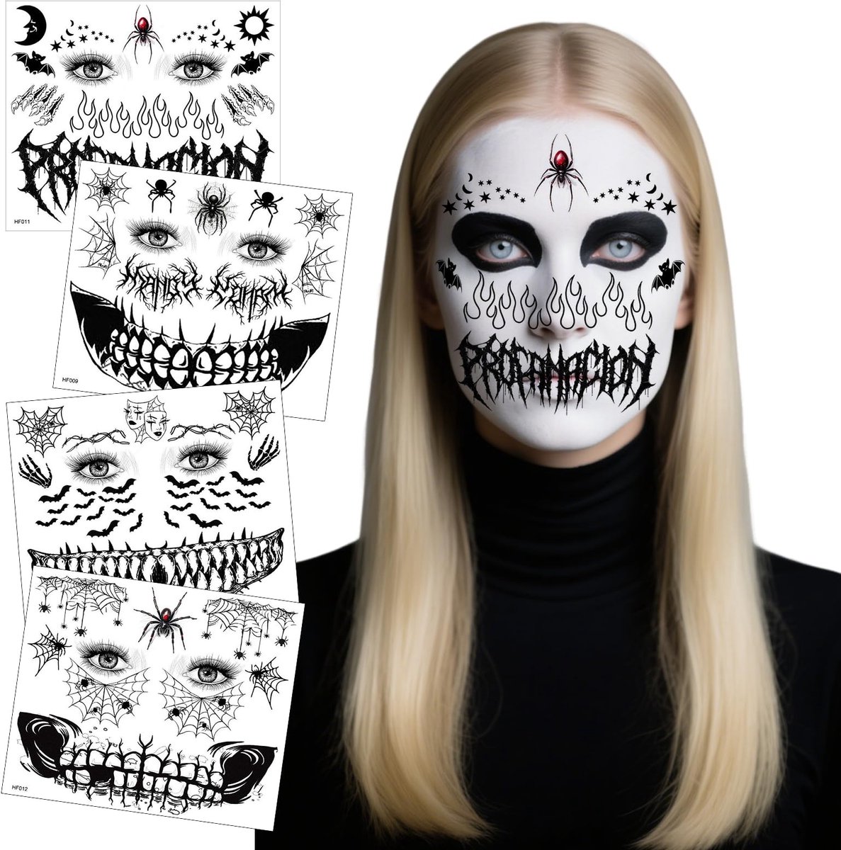Dailygoods- Gezichtstattoos 4 vellen - Tijdelijke Tatoeages - Halloween Motieven - Griezelige Make-up - Stickers - 13,5 x 16 cm