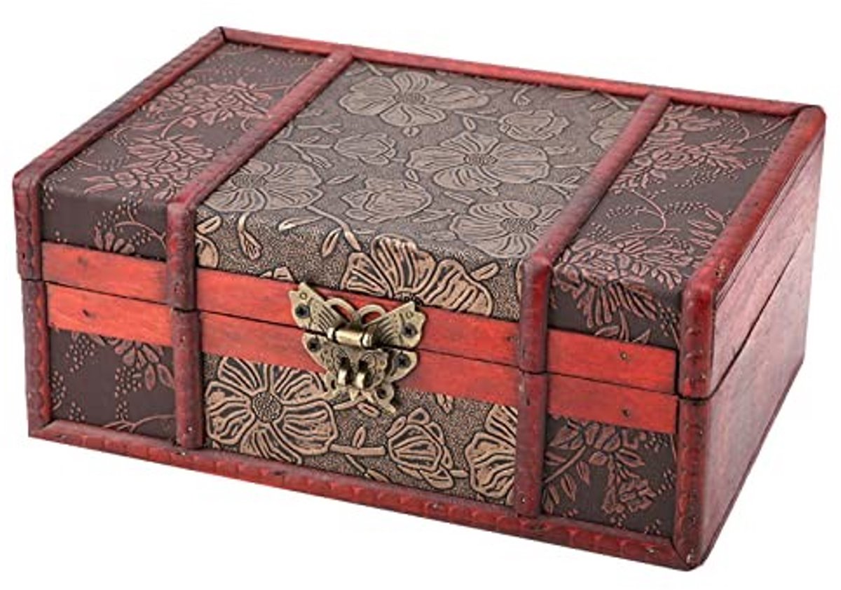 Dailygoods- Opbergdoos Vintage Houten - Sieradenopbergdoos - Decoratieve Schatkist - Afsluitbaar - 23 x 16 x 9,8 cm - Robuust Ontwerp - Sieradenkist