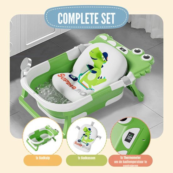 QIN® Baby Badje met Standaard - Baby Badje - Inklapbaar Bad - met Badkussentje en Ingebouwde Thermometer - Appelgroen - 63cm x 42cm x 20cm — afbeelding 3