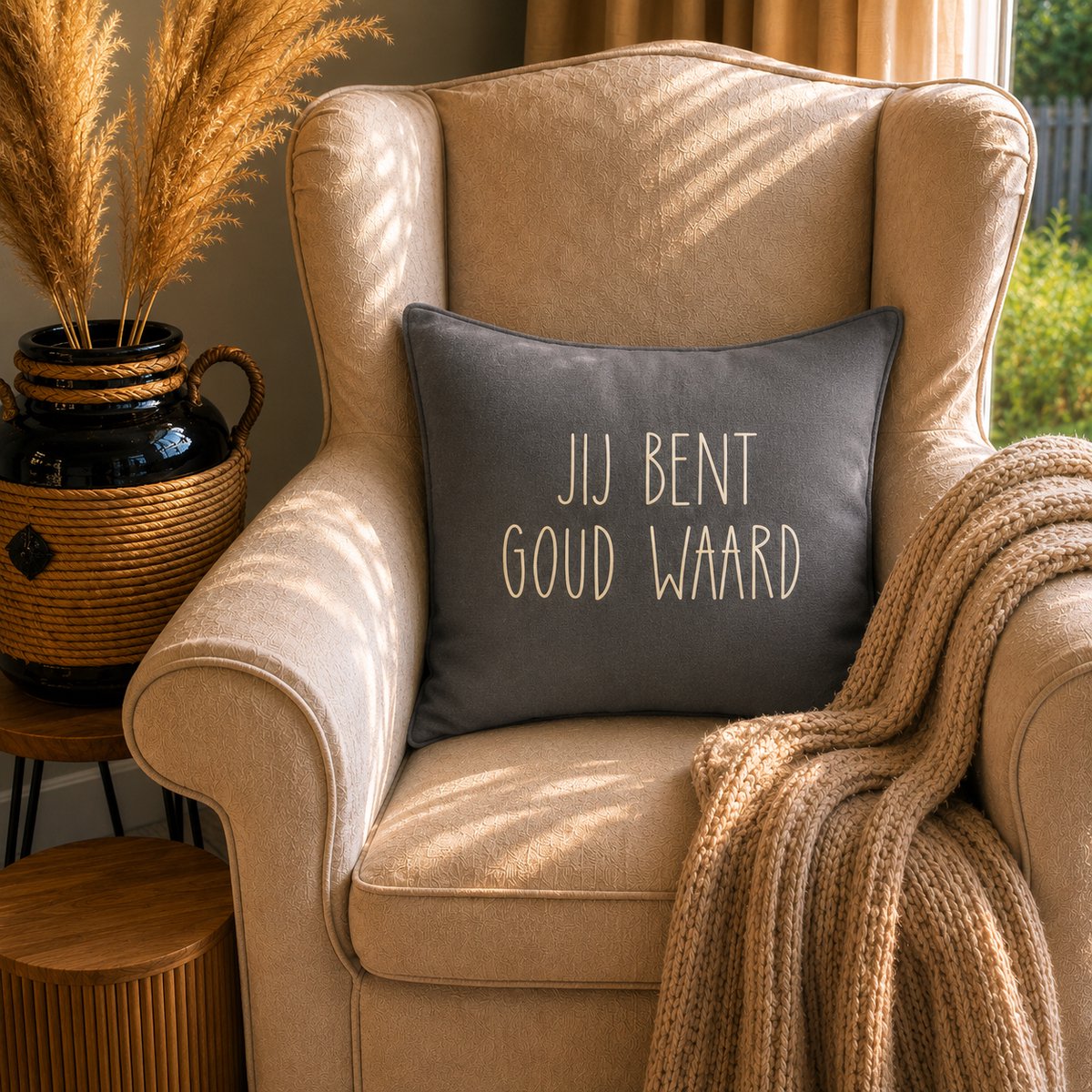 Maison Marcella Sierkussen Kussen met tekst bedrukt cadeau | jij bent goud waard | donkergrijs met opdruk goud met vulling | 40x40cm | opa oma mama papa juf meester bedanken collega vriendin juffendag vaderdag moederdag verjaardag man feestdagen sinterklaas kerstmis